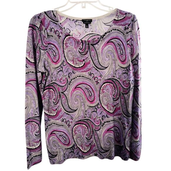 Talbots Merino Wool Sweater Women's Sz SP Purple Paisley long sleeve popover Top - Picture 1 of 9